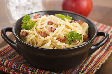 Image showing Pasta Carbonara with bacon and cheese