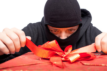 Image showing  bandit holding a wrapped Christmas gift