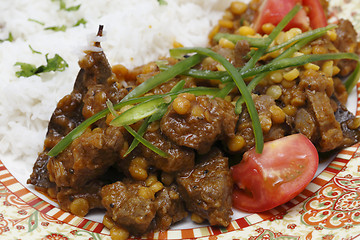 Image showing Lamb curry with split peas closeup