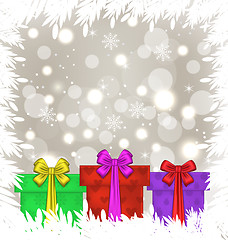 Image showing Set Christmas gift boxes on glowing background