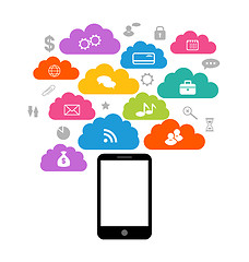 Image showing Smart device with cloud of application icons, business infograph