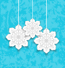 Image showing Set Christmas paper snowflakes on blue grunge background