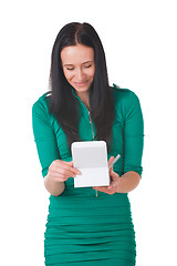 Image showing Pretty girl holding white box with gift