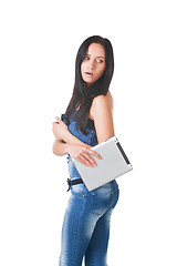 Image showing Young girl posing in studio with tablet pc