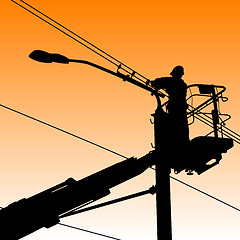 Image showing Electrician, making repairs at a power pole. Vector illustration