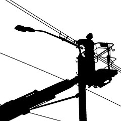 Image showing Electrician, making repairs at a power pole. Vector illustration