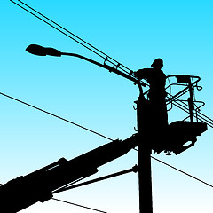 Image showing Electrician, making repairs at a power pole. Vector illustration