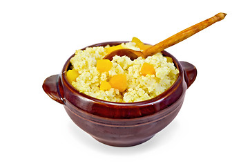 Image showing Porridge millet with pumpkin and spoon in pottery