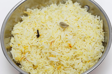 Image showing Saffron rice in a kadai bowl from above