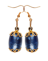 Image showing Blue plastic earrings with gold elements on a white background