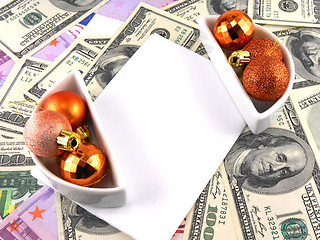 Image showing Christmas balls set, blank paper, dollar background