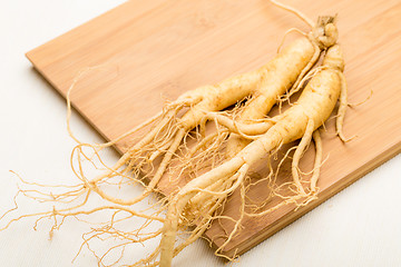 Image showing Fresh ginseng stick on the wooden plank