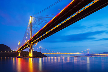 Image showing Ting Kau suspension bridge in Hong Kong at night