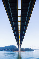 Image showing Low angle of suspension bridge in Hong Kong