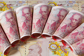 Image showing Different English banknotes on a table