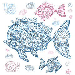 Image showing Sea Fish set. Hand drawn vector illustration.