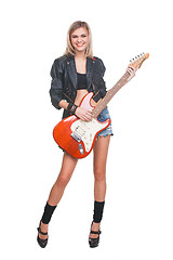 Image showing Young woman with guitar on white background