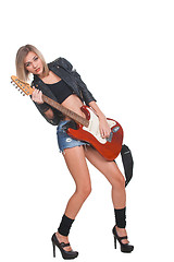 Image showing Young woman with guitar on white background