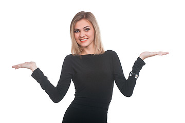 Image showing Woman presenting something on white background