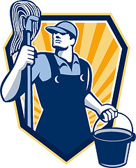 Image showing Janitor Cleaner Hold Mop Bucket Shield Retro