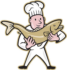 Image showing Chef Cook Handling Salmon Fish Standing