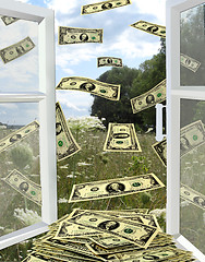 Image showing dollars flying away from opened window