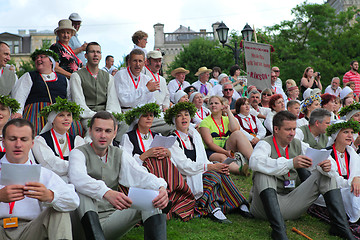 Image showing RIGA, LATVIA - JULY 06: People in national costumes at the Latvi