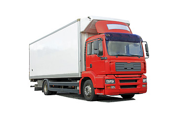 Image showing Red Delivery Truck Isolated Over White