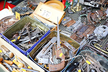 Image showing Old tools and hardware on the flea market.