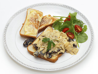 Image showing Scrambled egg mushroom and salad plate