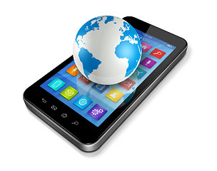 Image showing Smartphone with apps icons and World Globe