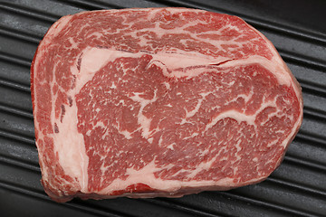 Image showing Wagyu beef steak in a pan from above