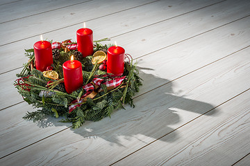 Image showing Advent wreath with burning red candles