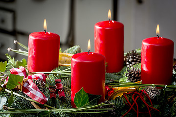 Image showing Advent wreath with burning red candles