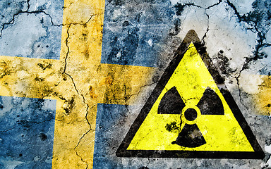 Image showing Old cracked wall with radiation warning sign and painted flag