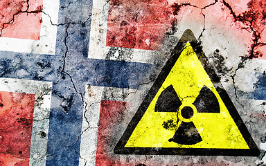 Image showing Old cracked wall with radiation warning sign and painted flag