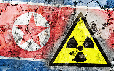 Image showing Old cracked wall with radiation warning sign and painted flag