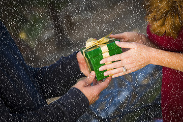 Image showing Hands of Man and Woman Exchanging Christmas Gift in Snow