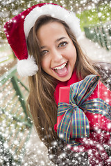 Image showing Pretty Woman Wearing a Santa Hat with Wrapped Gift