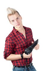 Image showing Portrait of handsome man with hairdryer