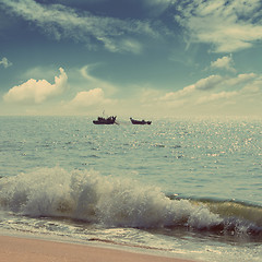 Image showing landscape with fisherman boats - vintage retro style