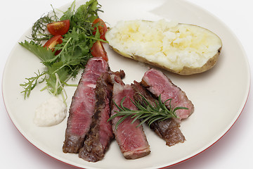 Image showing Wagyu steak with salad and potate