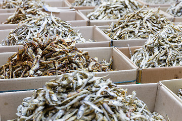 Image showing Dried small anchovy fish in the paper box