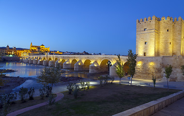 Image showing old roman bridge and tower Calahora at night, Cordoba