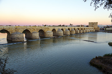 Image showing Sunset in the Roman bridge as it passes through the river Guadalquivir in Cordoba