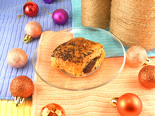 Image showing Christmas cake with vintage bottle and christmas balls