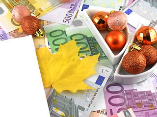 Image showing euro notes with christmas balls and autumn leave on it