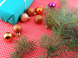 Image showing Christmas decoration and balls, new year tree branch