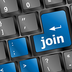 Image showing online communities concept, with 'join us' on computer keyboard.