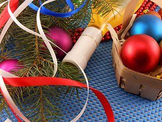 Image showing Beautiful ornaments, champagne and balls as a New Year decoration